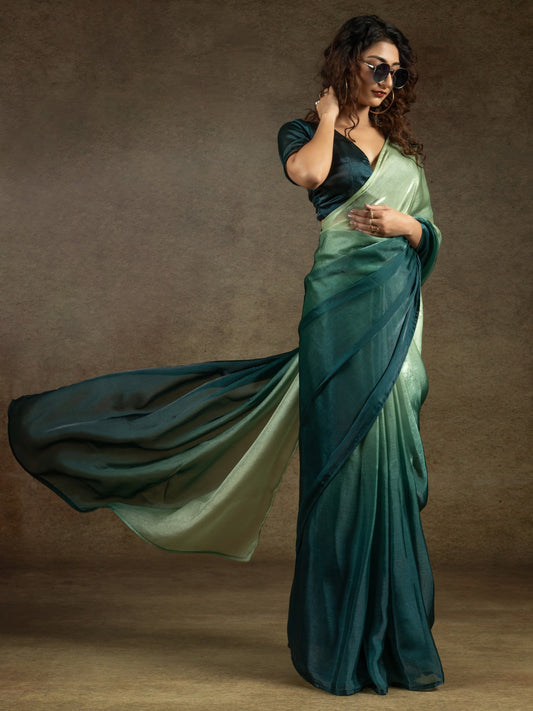 Green Light Party Wear Satin Silk Half & Half Saree