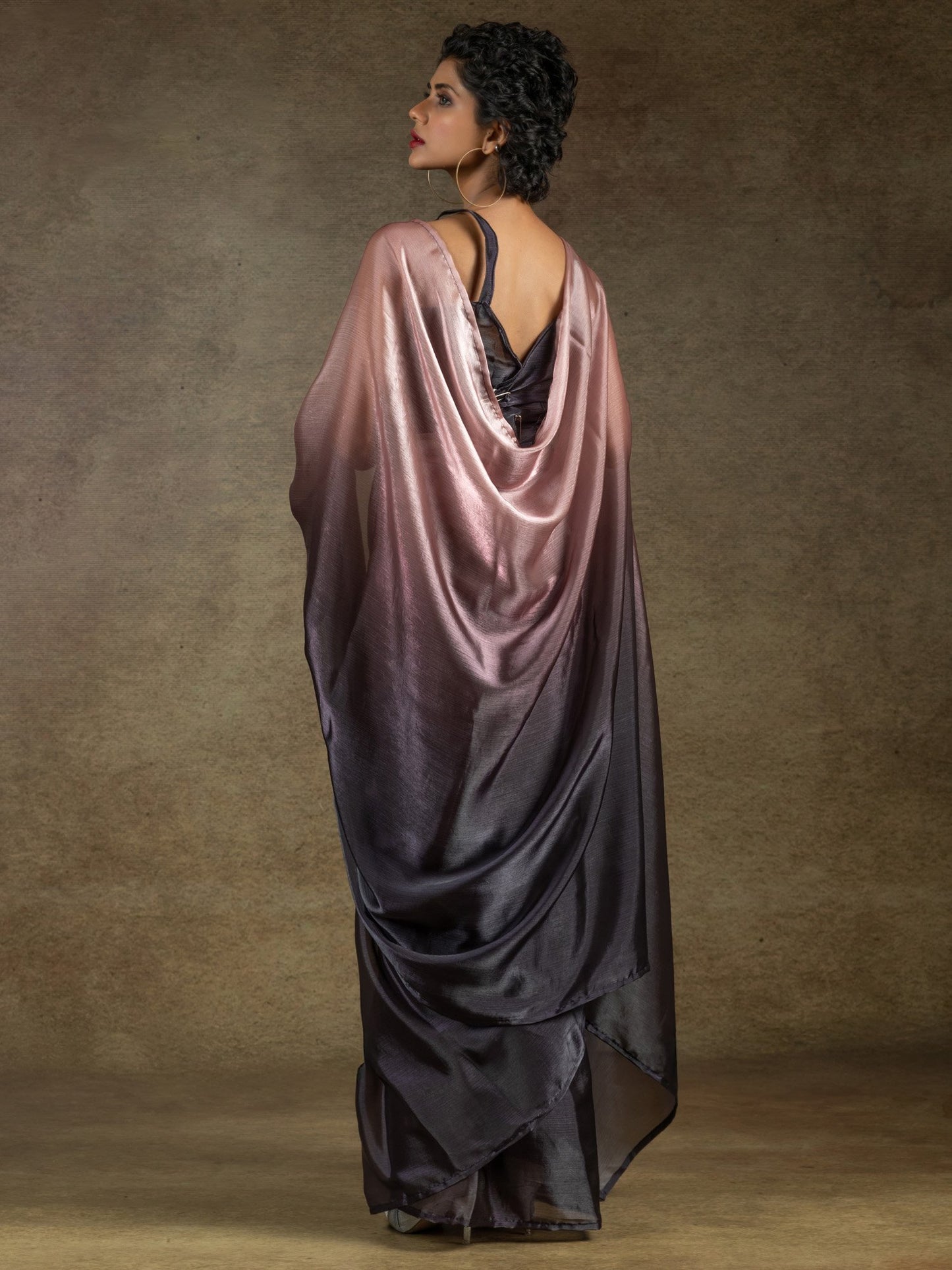 Peach Party Wear Satin Silk Half & Half Saree