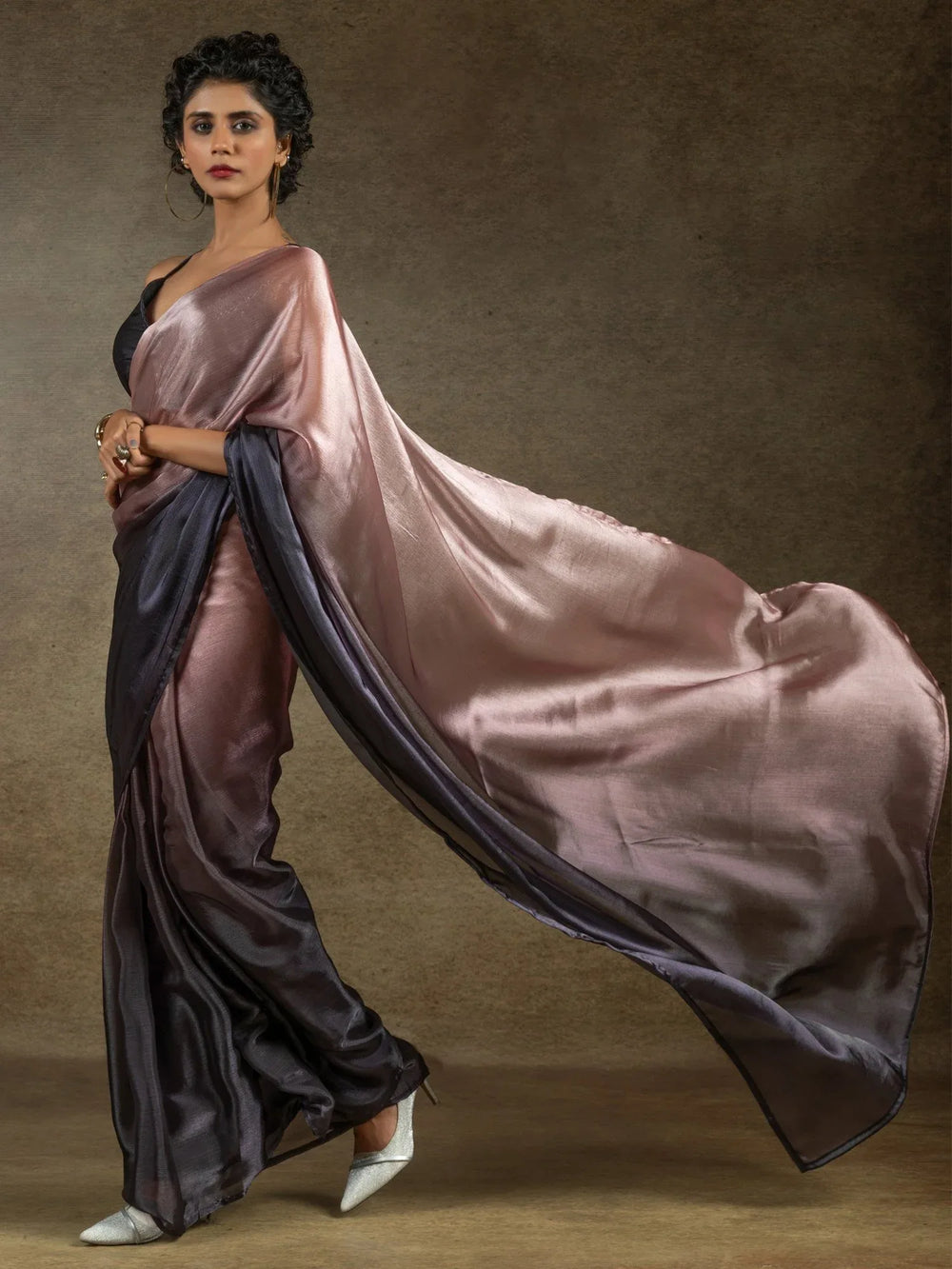 Peach Party Wear Satin Silk Ready To Wear Saree - The Dori Store