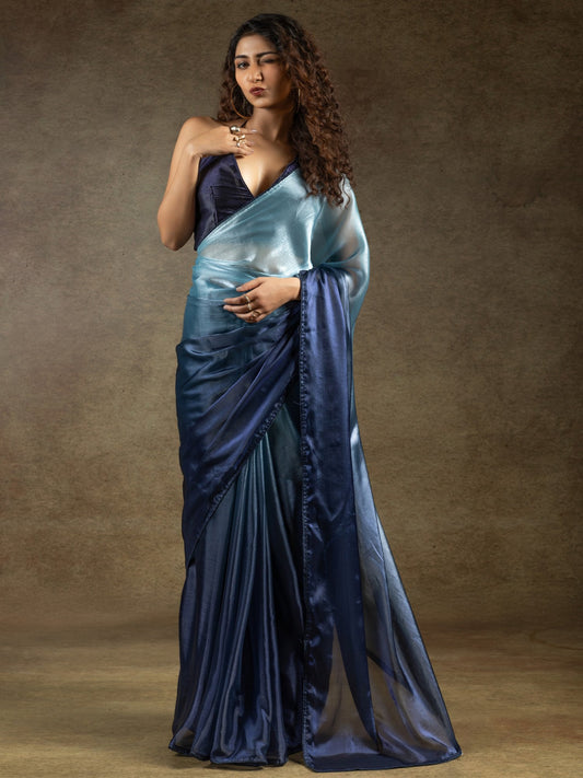 Blue Light Party Wear Satin Silk Half & Half Saree
