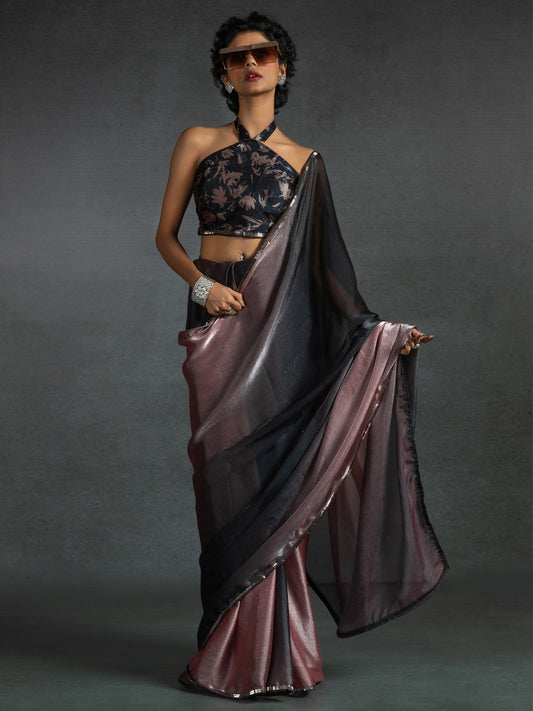 Black  Peach Party Wear Satin Silk Embellished Saree