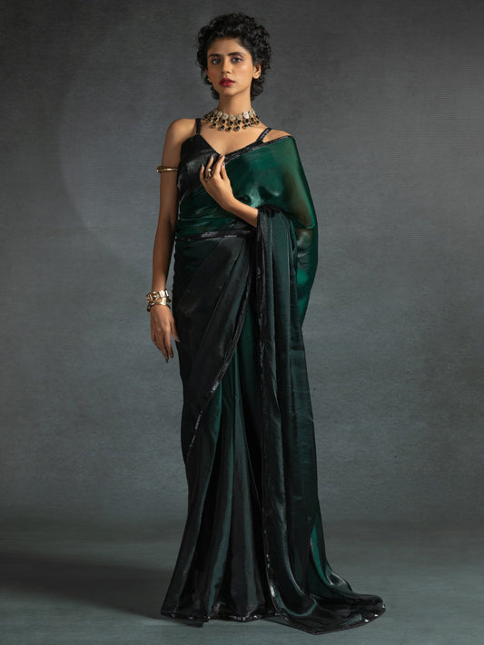 Green Green Party Wear Satin Silk Embellished Saree