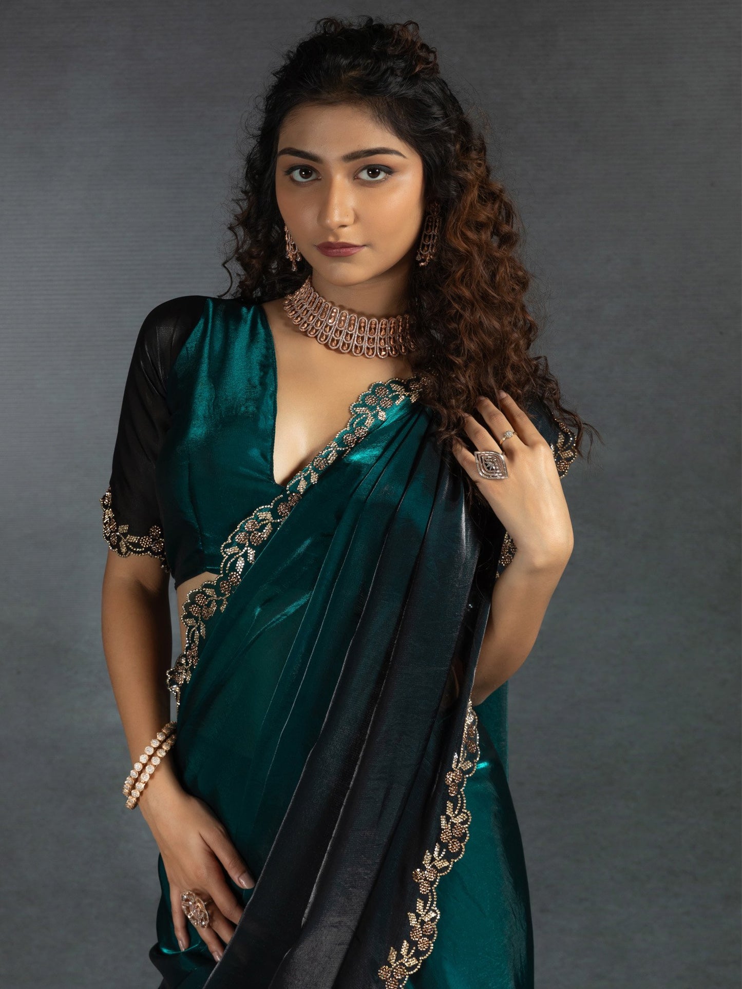 Teal Party Wear Satin Silk Embellished Saree