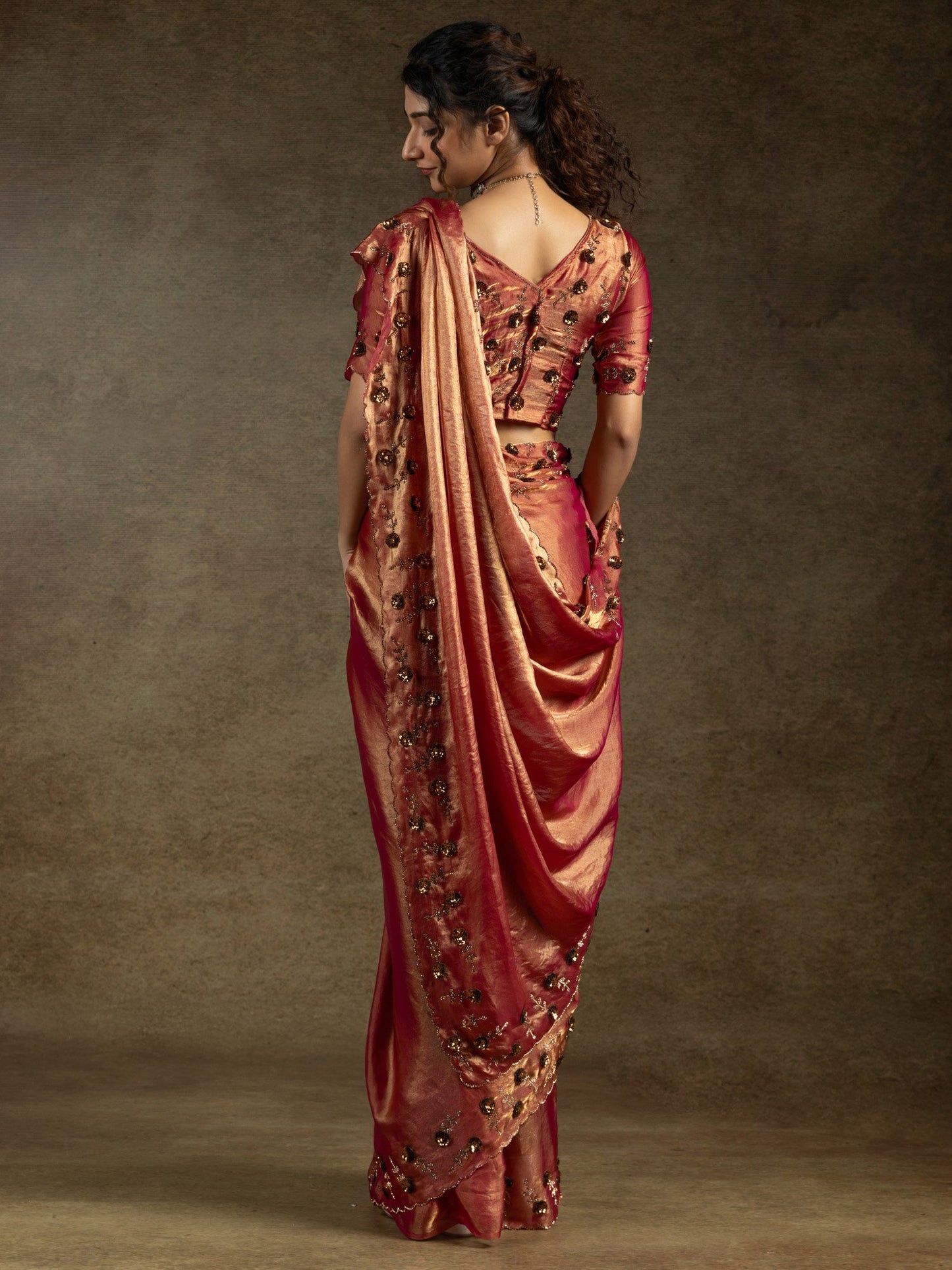 Copper Party Wear Satin Silk Embellished Saree