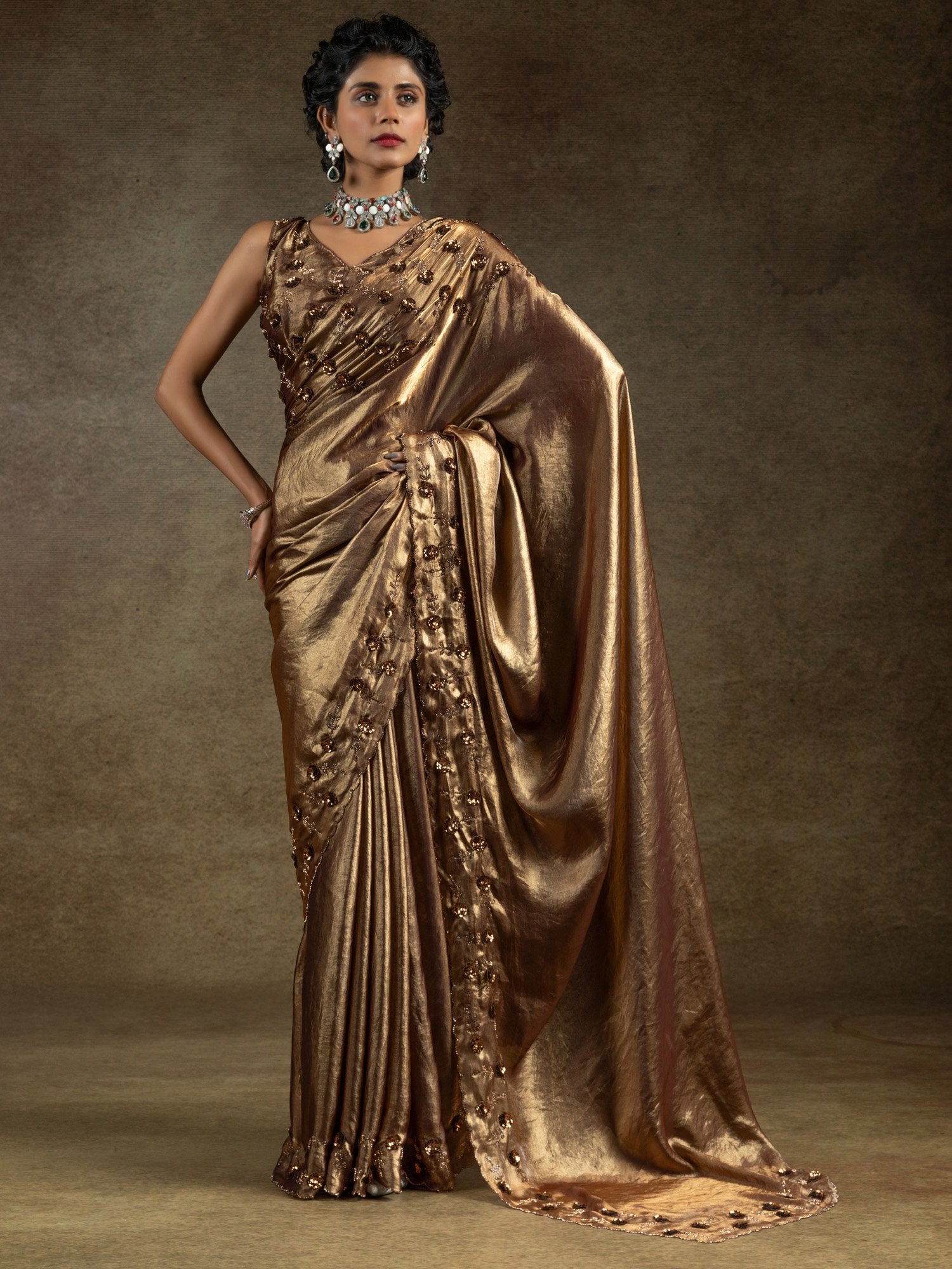 Brown Coffee Party Wear Satin Silk Embellished Saree