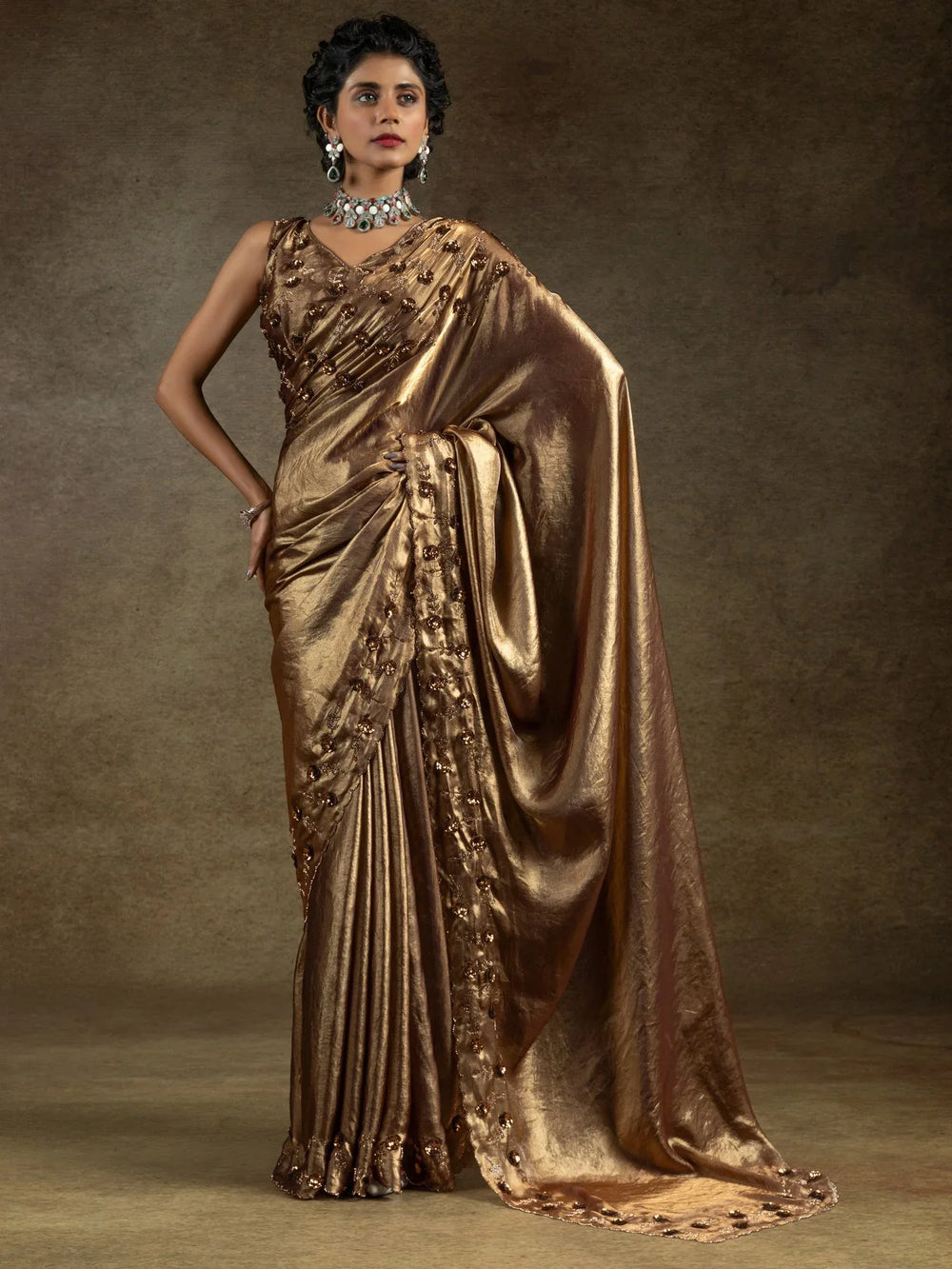 Coffee Party Wear Satin Silk Embellished Saree - The Dori Store