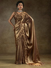 Coffee Party Wear Satin Silk Embellished Saree - The Dori Store