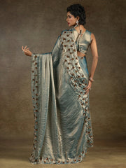 Teal Greyish Blue Party Wear Satin Silk Embellished Saree - The Dori Store