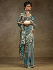 Teal Greyish Blue Party Wear Satin Silk Embellished Saree - The Dori Store
