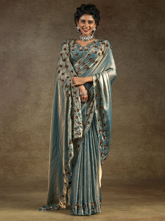 Blue Teal Party Wear Satin Silk Embellished Saree