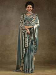 Teal Greyish Blue Party Wear Satin Silk Embellished Saree - The Dori Store