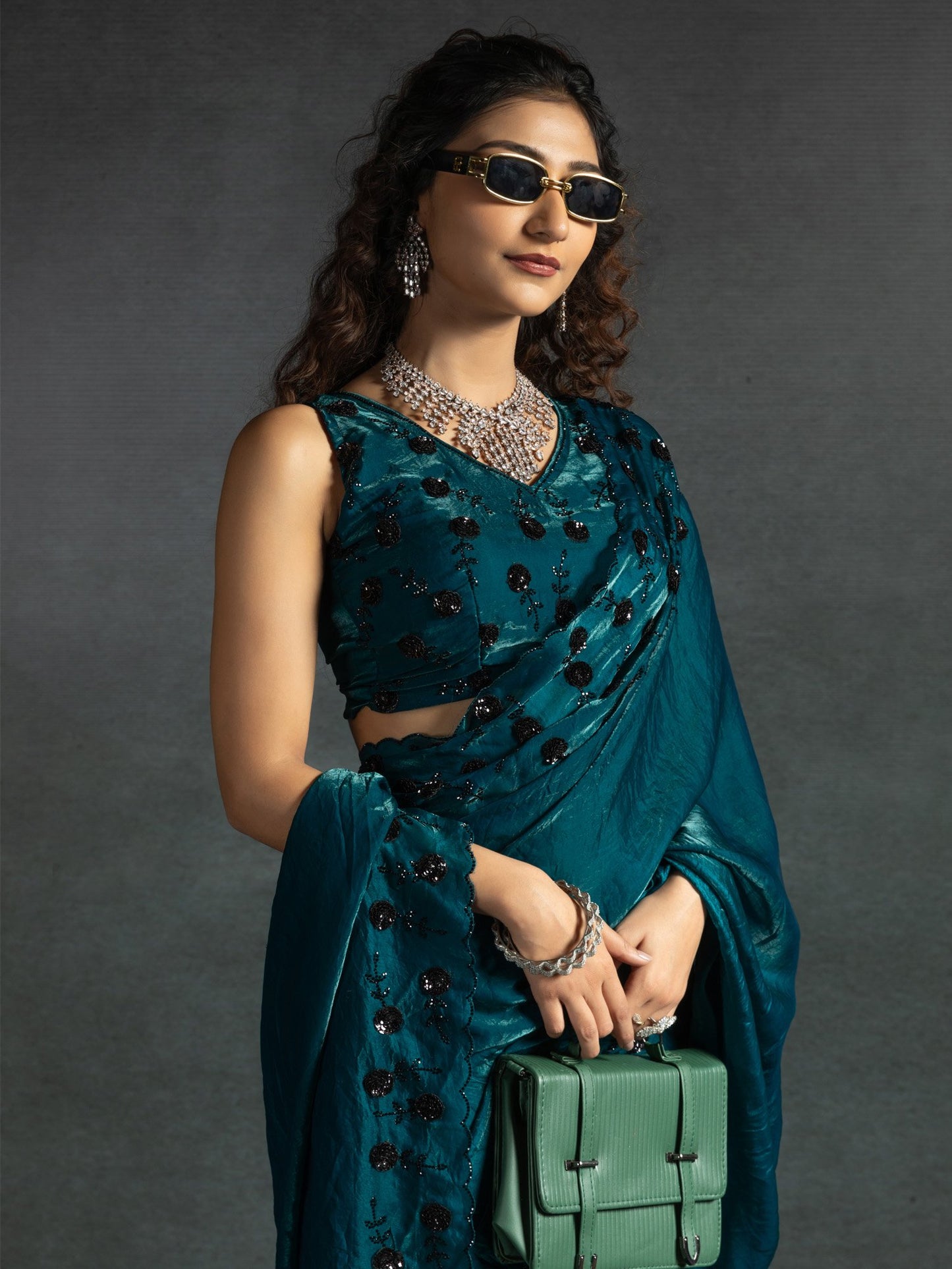 Teal Party Wear Satin Silk Embellished Saree