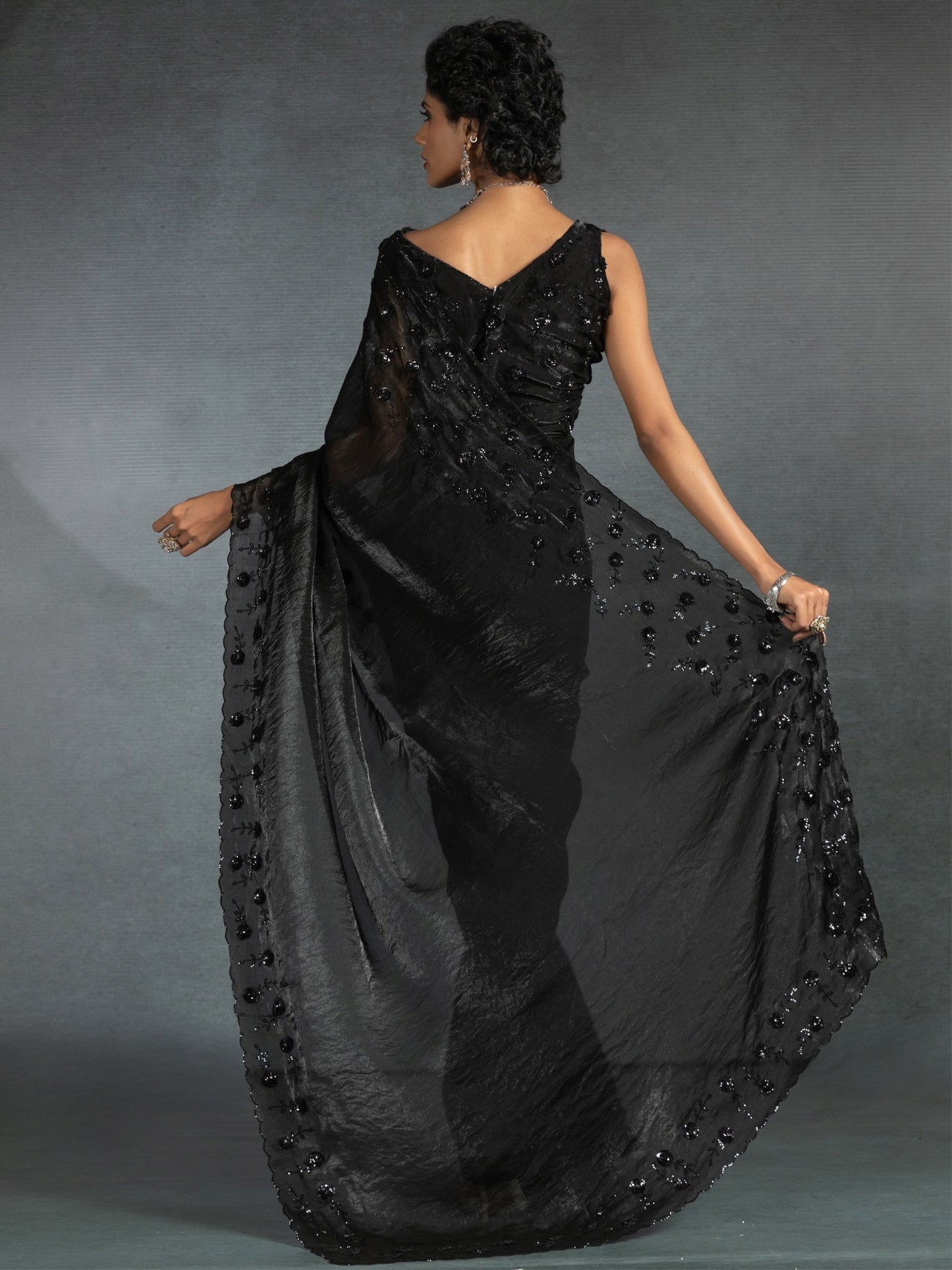 Black Party Wear Satin Silk Embellished Saree