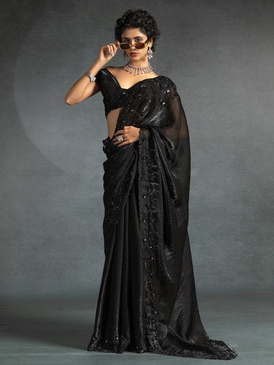 Black Black Party Wear Satin Silk Embellished Saree