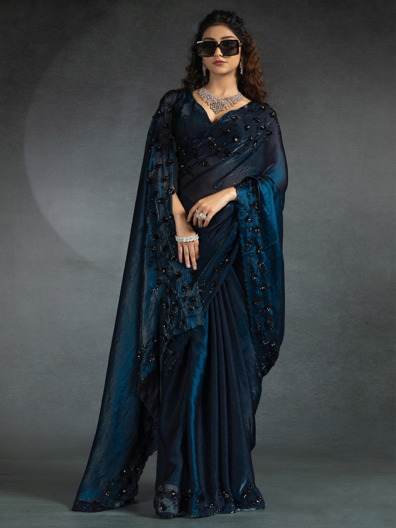 Blue Blue Party Wear Satin Silk Embellished Saree