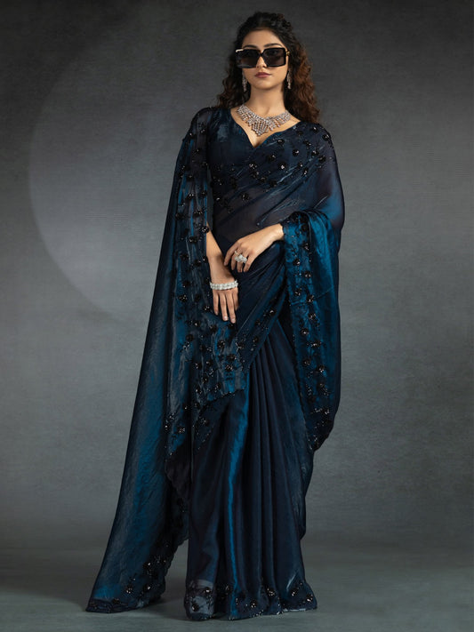 Blue Blue Party Wear Satin Silk Embellished Saree