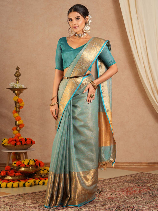 Blue Light Sungudi Cotton Blend Woven Saree