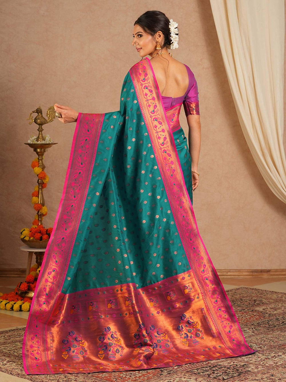 Teal Blue Paithani Soft Silk Festive Saree - The Dori Store