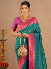 Teal Blue Paithani Soft Silk Festive Saree - The Dori Store