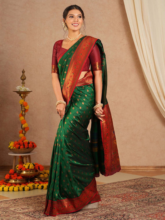Green Green Paithani Soft Silk Woven Saree