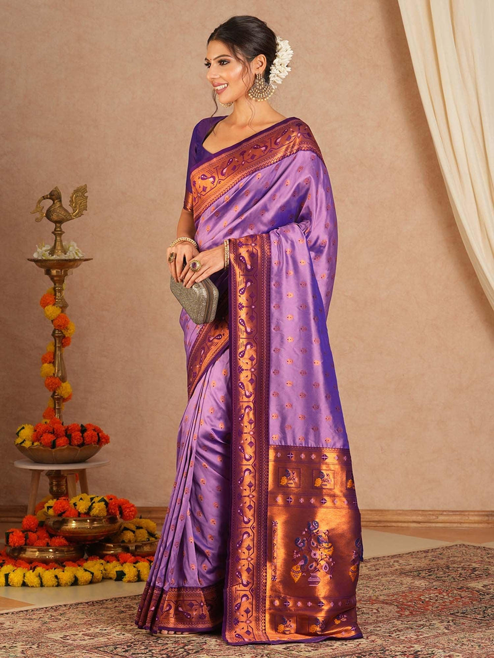 Purple Paithani Soft Silk Woven Saree - The Dori Store