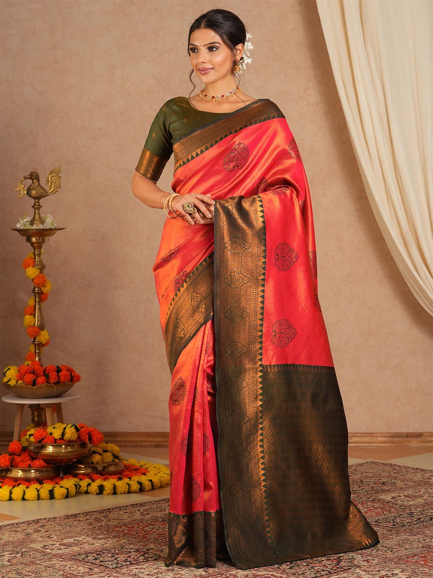 Pink Maheshwari Banarasi Silk Woven Saree