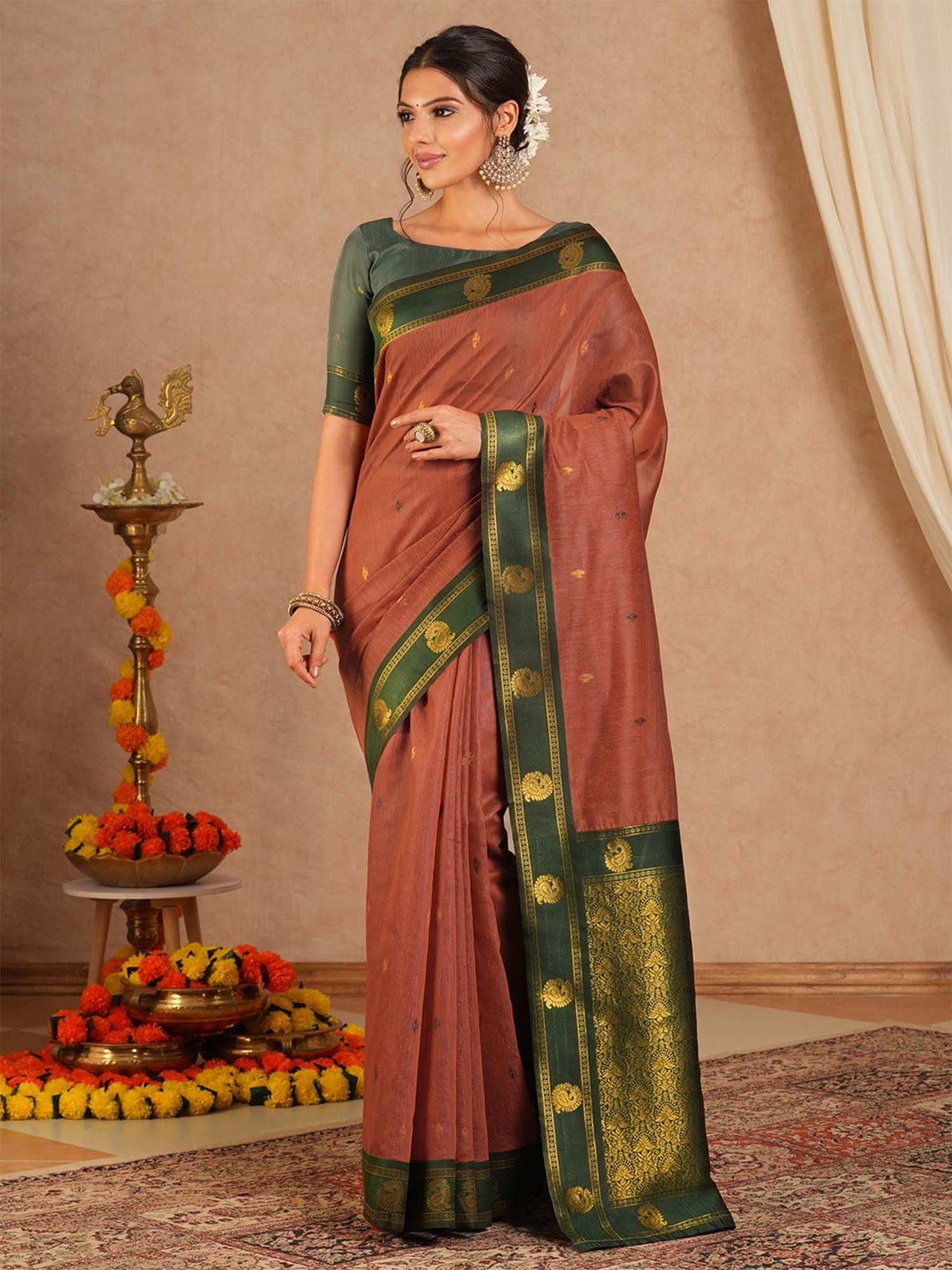 Brown Maheshwari Cotton Blend Woven Saree