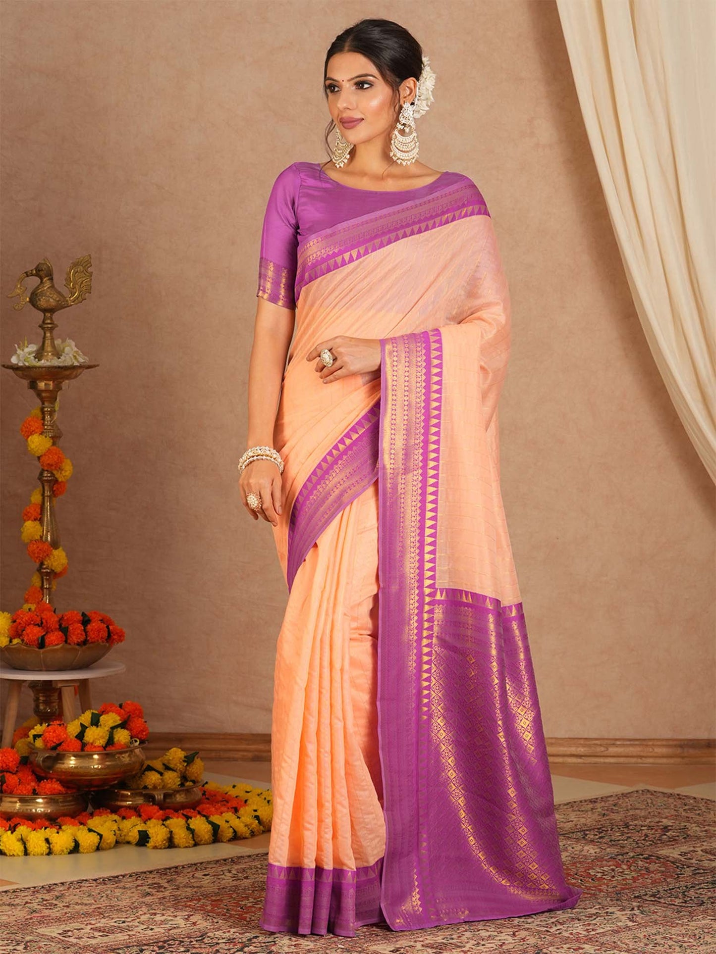 Peach Maheshwari Cotton Blend Woven Saree