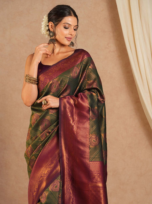 Green Olive Kanjeevaram Banarasi Silk Woven Saree