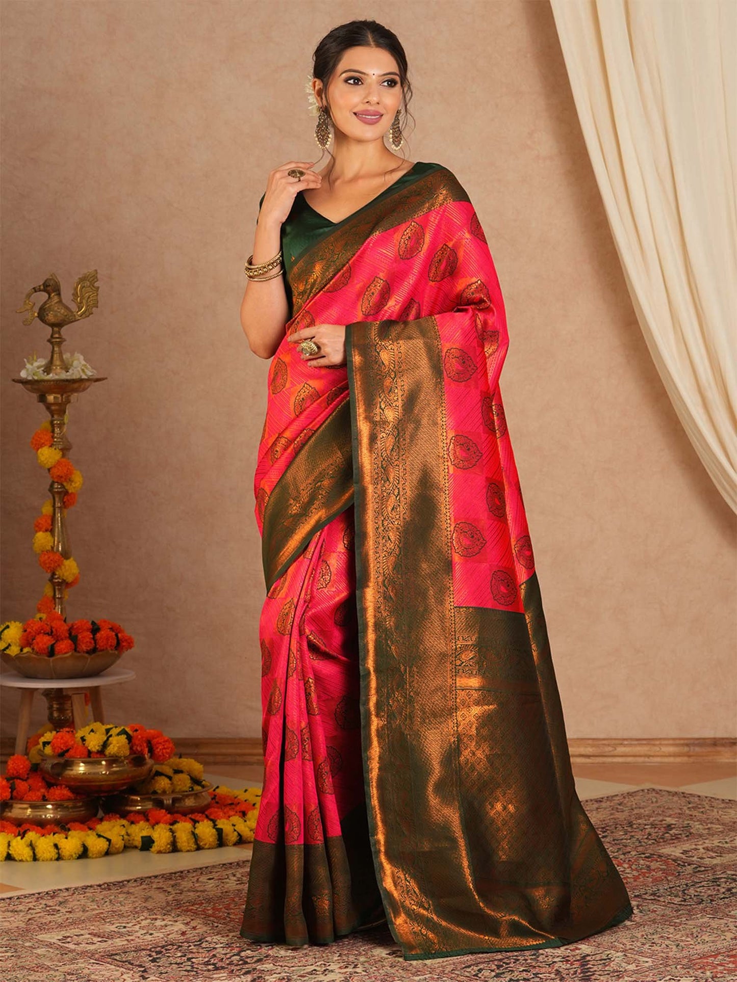 Pink Kanjeevaram Banarasi Silk Woven Saree