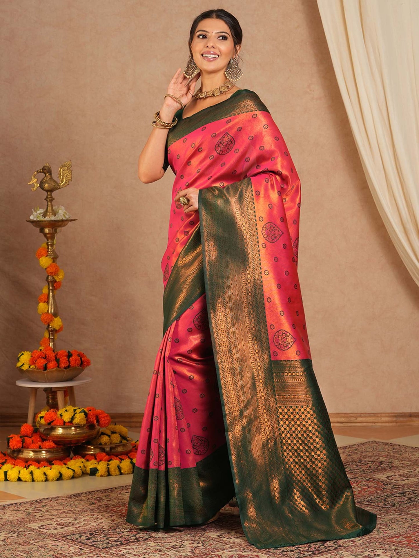 Pink Kanjeevaram Banarasi Silk Woven Saree