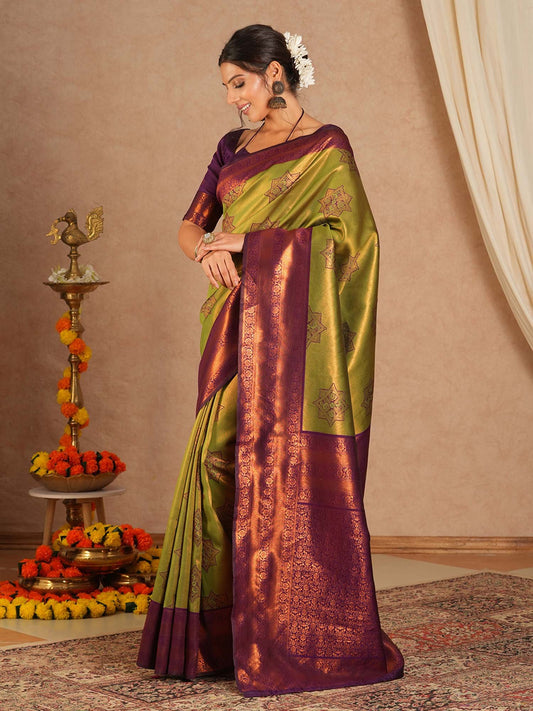 Green Light Kanjeevaram Banarasi Silk Woven Saree