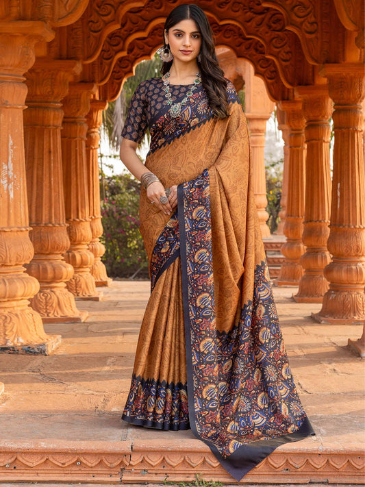 Brown Bronze Pochampally Malai Silk Printed Saree