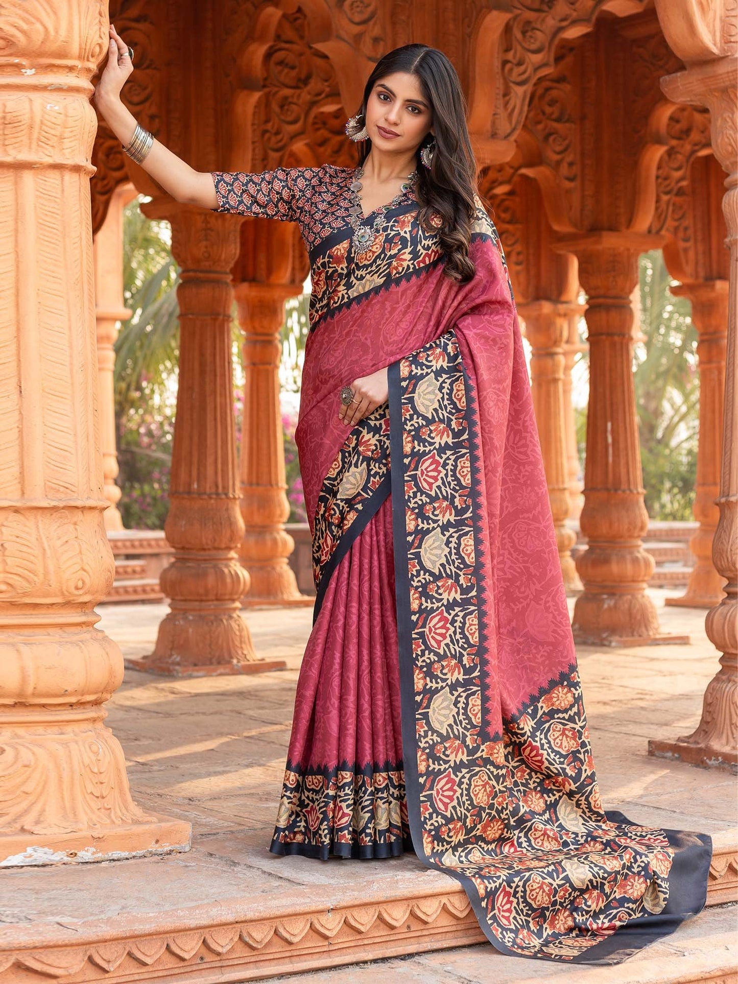 Pink Pink Pochampally Malai Silk Printed Saree