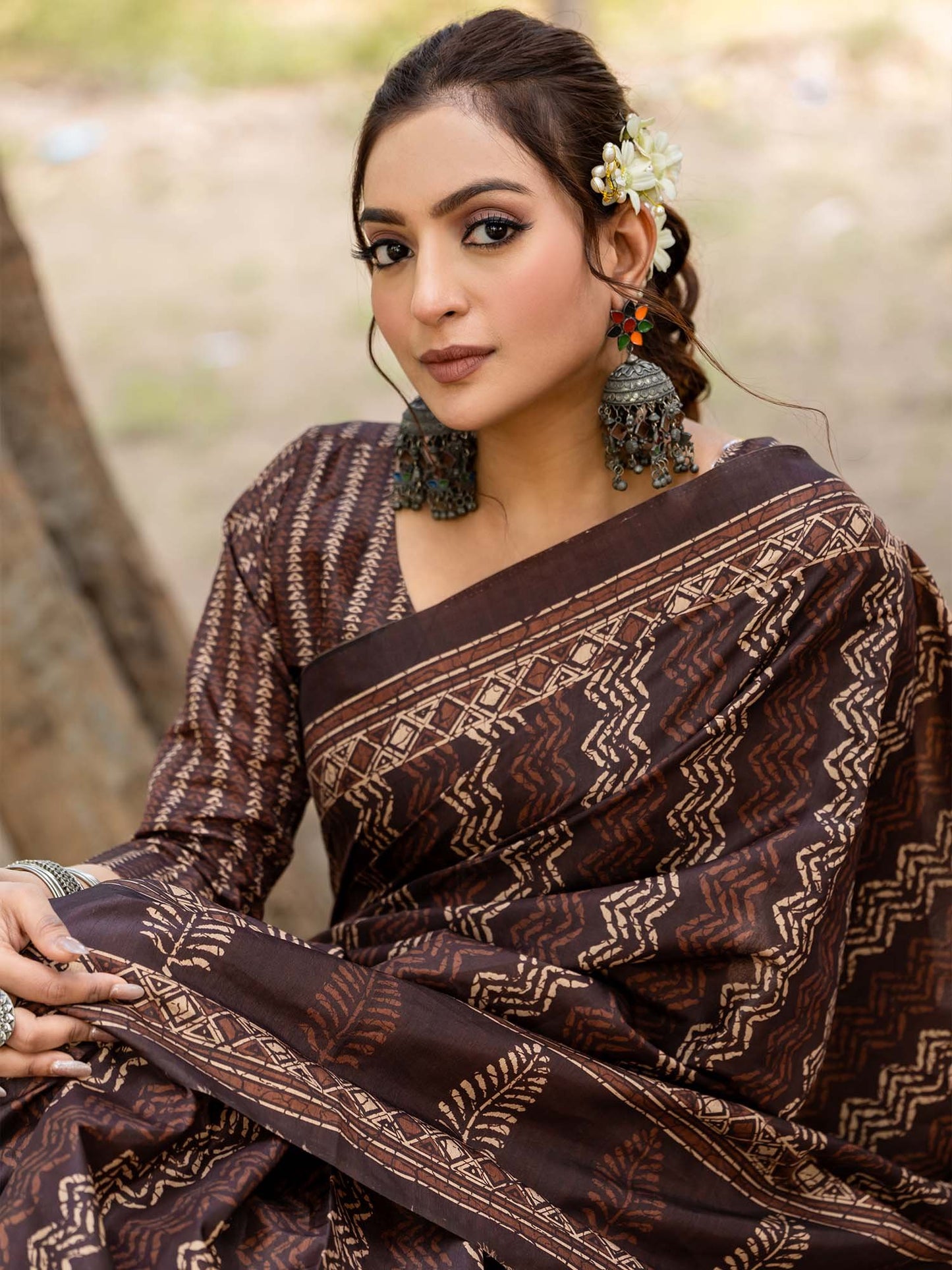 Brown Leheriya Silk Blend Printed Saree
