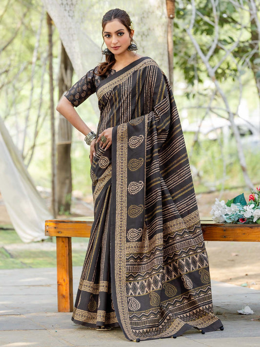 Black Black Leheriya Silk Blend Printed Saree