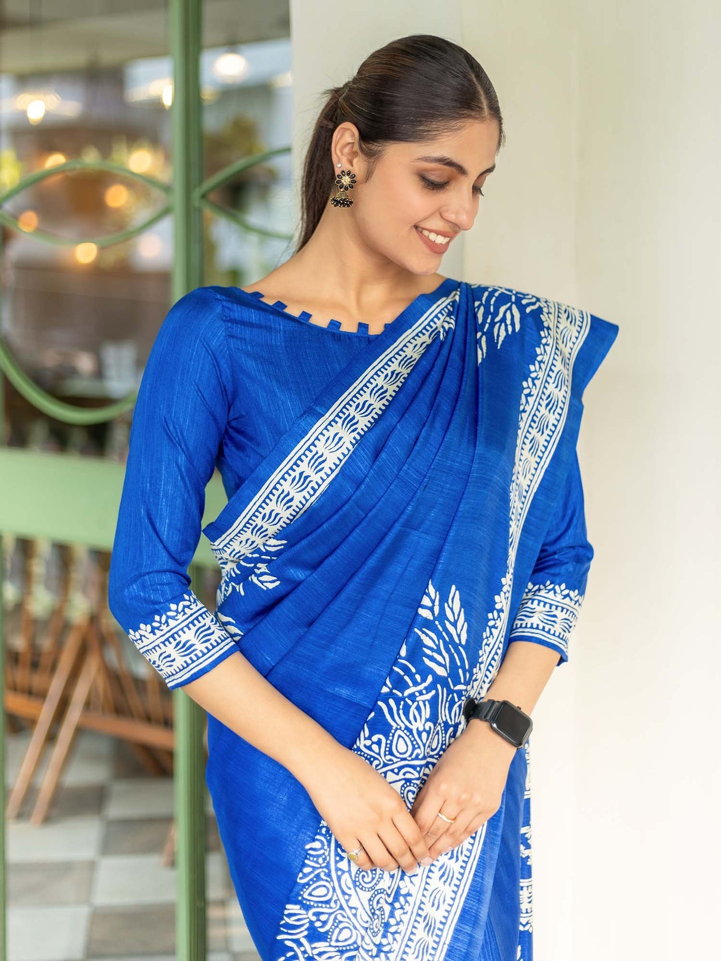 Navy Bagru Dola Silk Printed Saree
