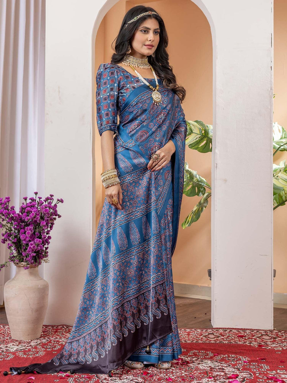 Blue Block Print Crepe Digital Print Saree - The Dori Store