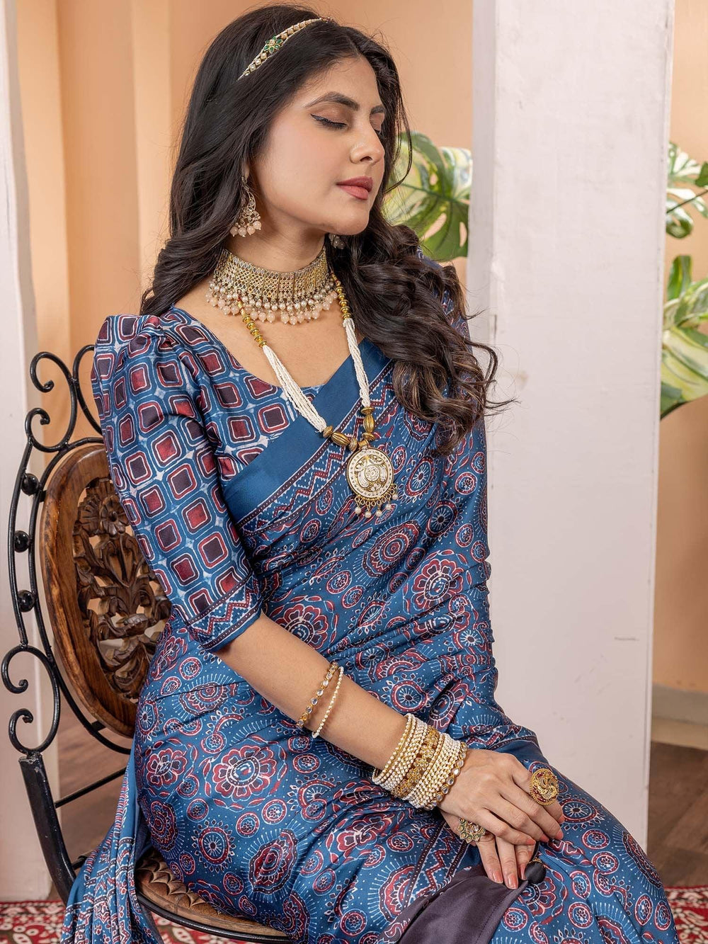 Blue Block Print Crepe Digital Print Saree - The Dori Store