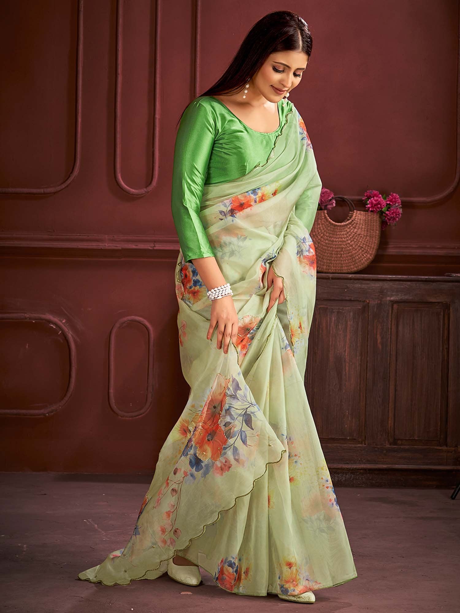 Green Light Party Wear Organza Printed Saree