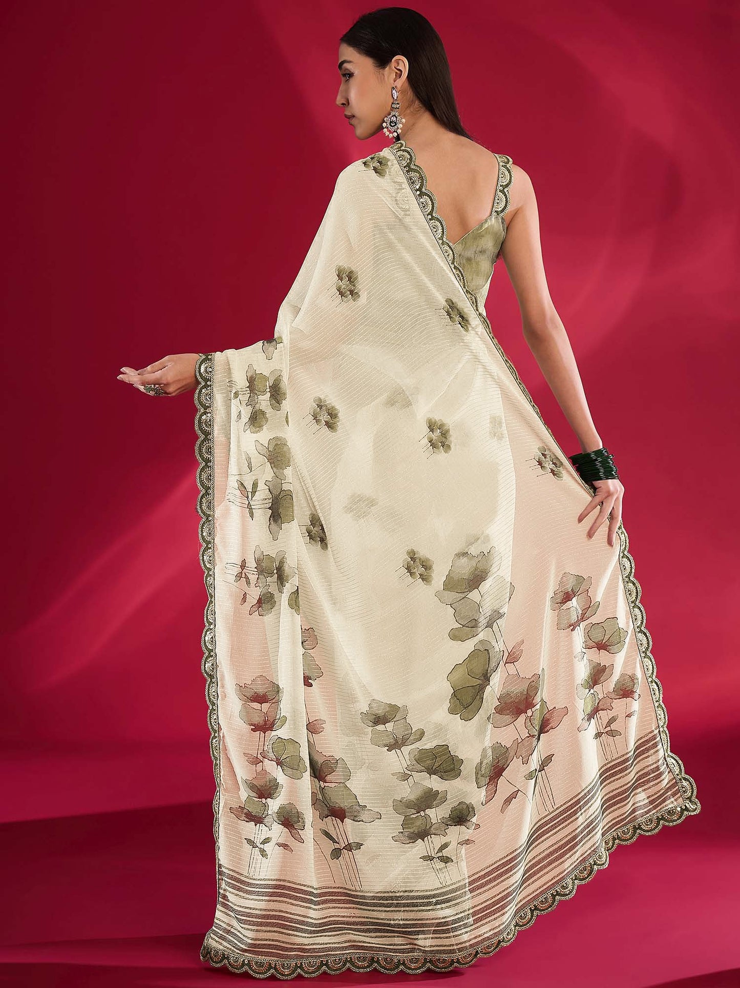 Off Muga Georgette Zari Embroidered Saree