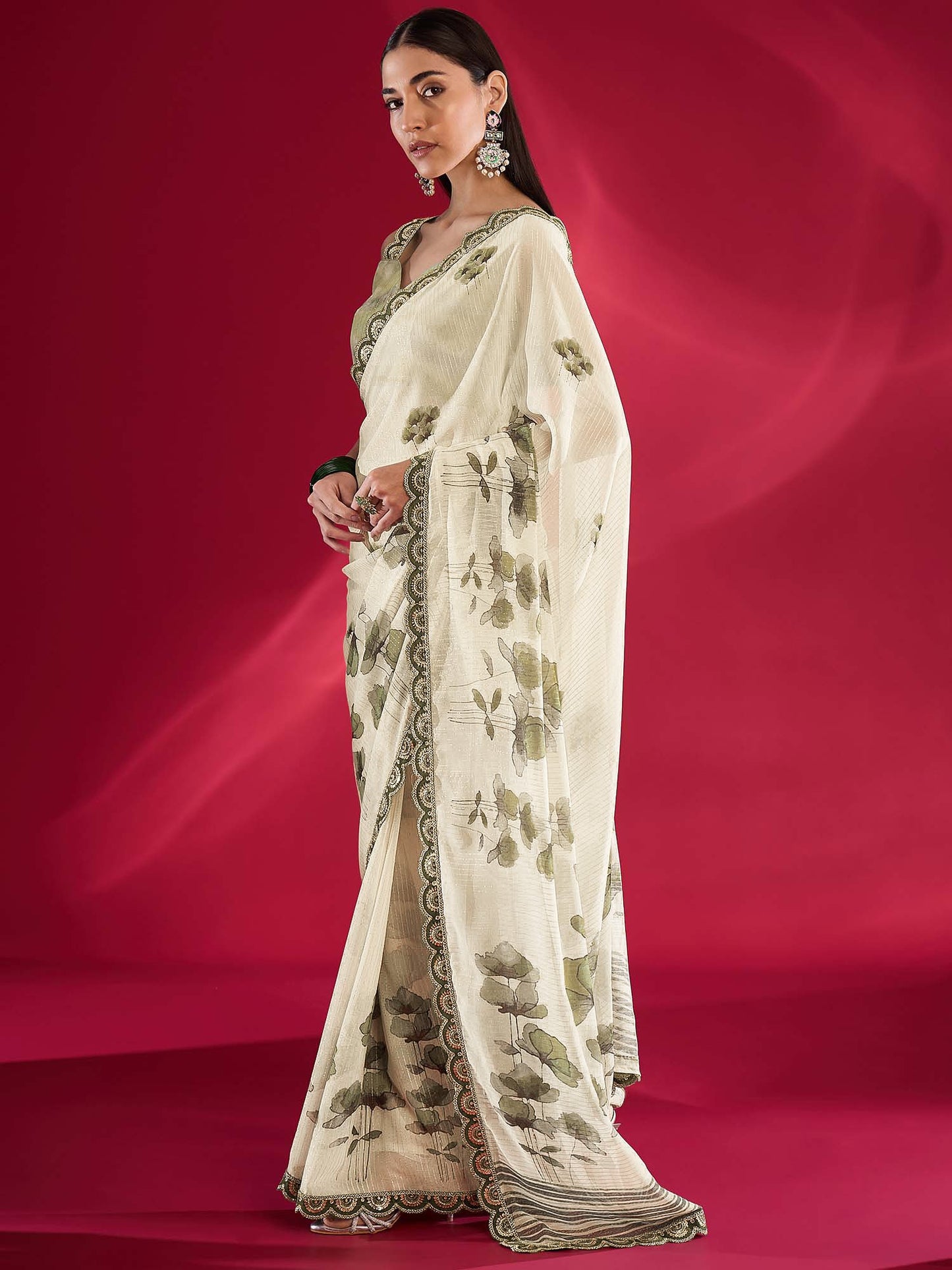 Off Muga Georgette Zari Embroidered Saree