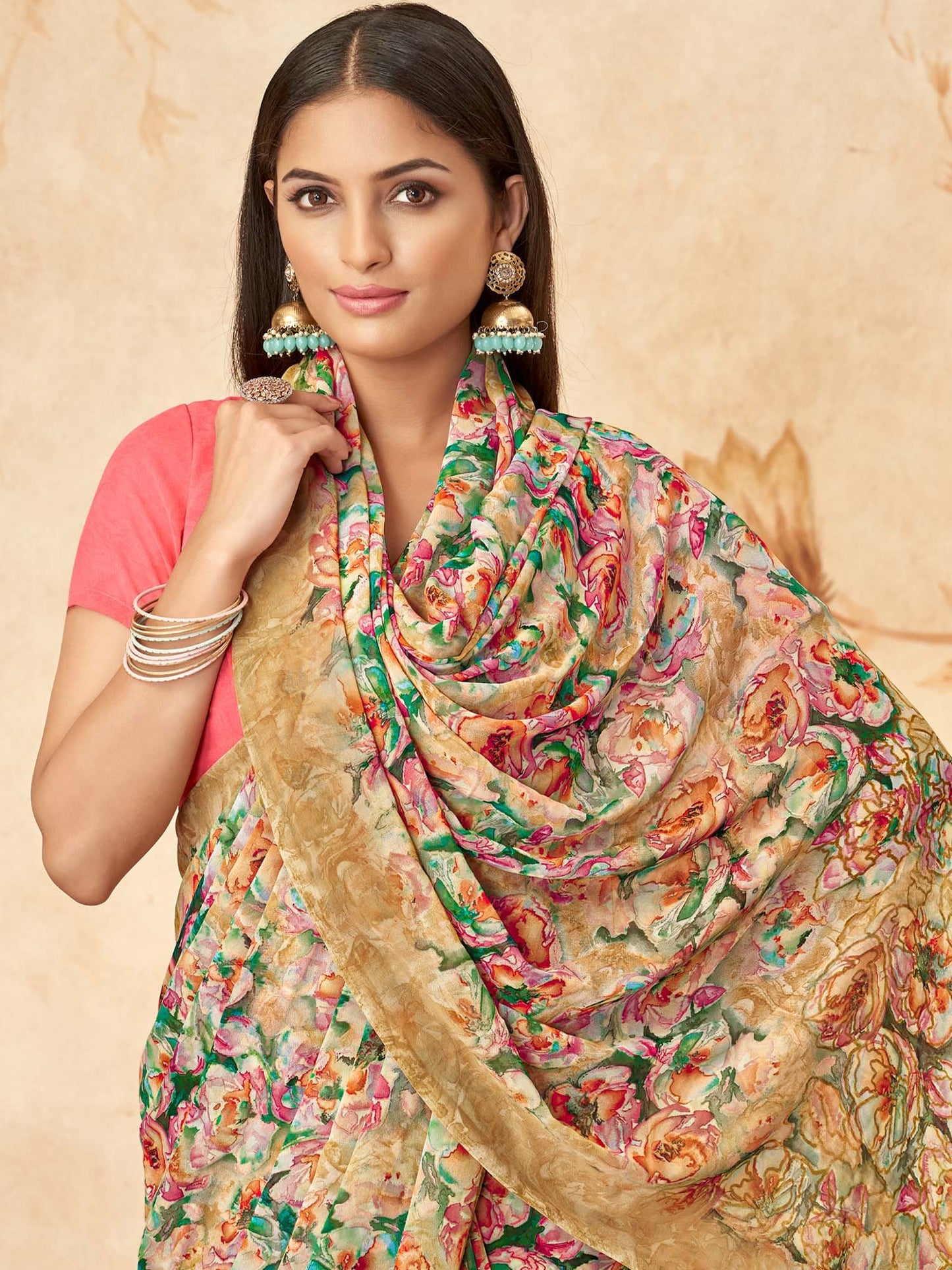 Beige Sungudi Georgette Printed Saree