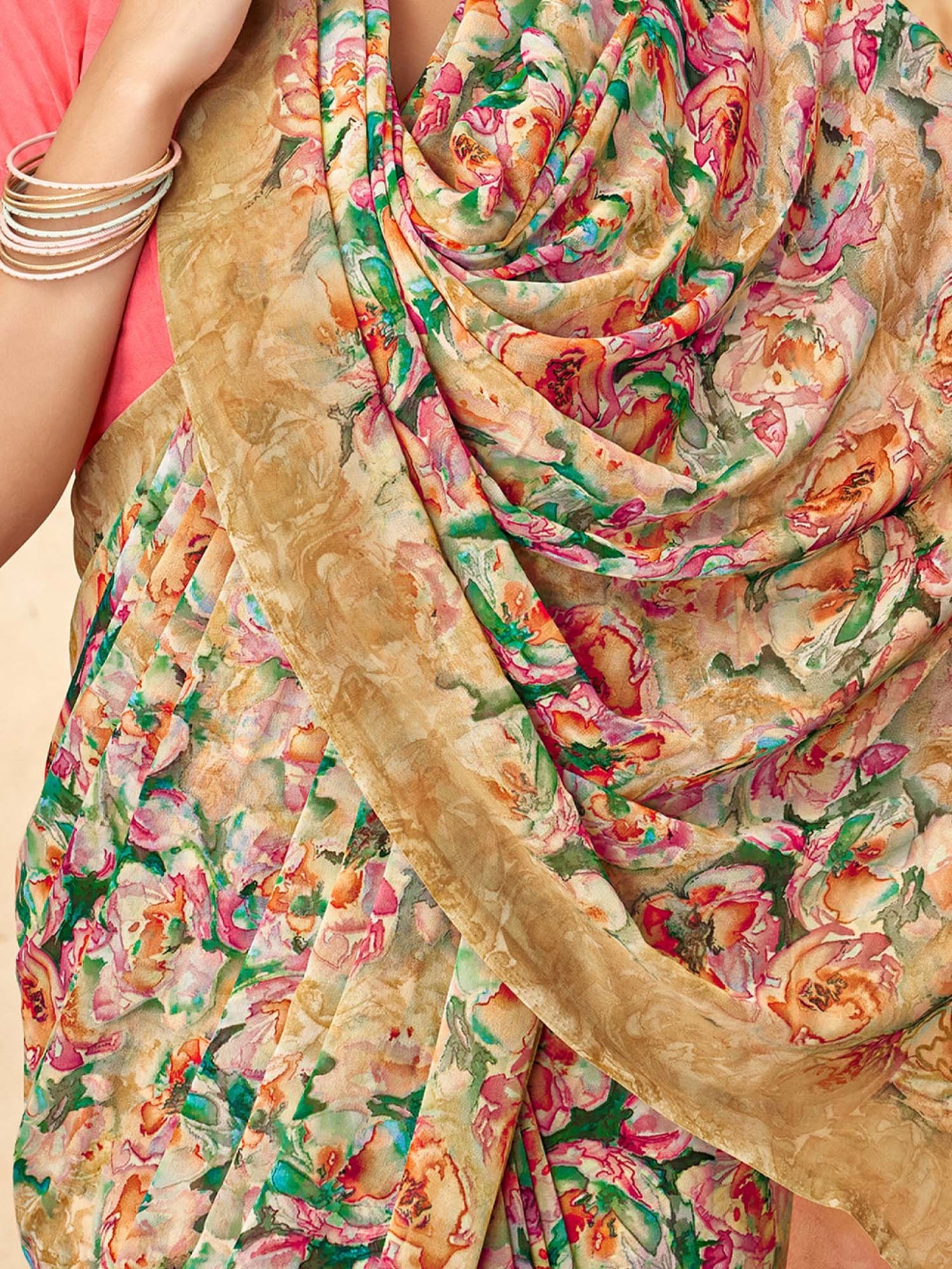Beige Sungudi Georgette Printed Saree