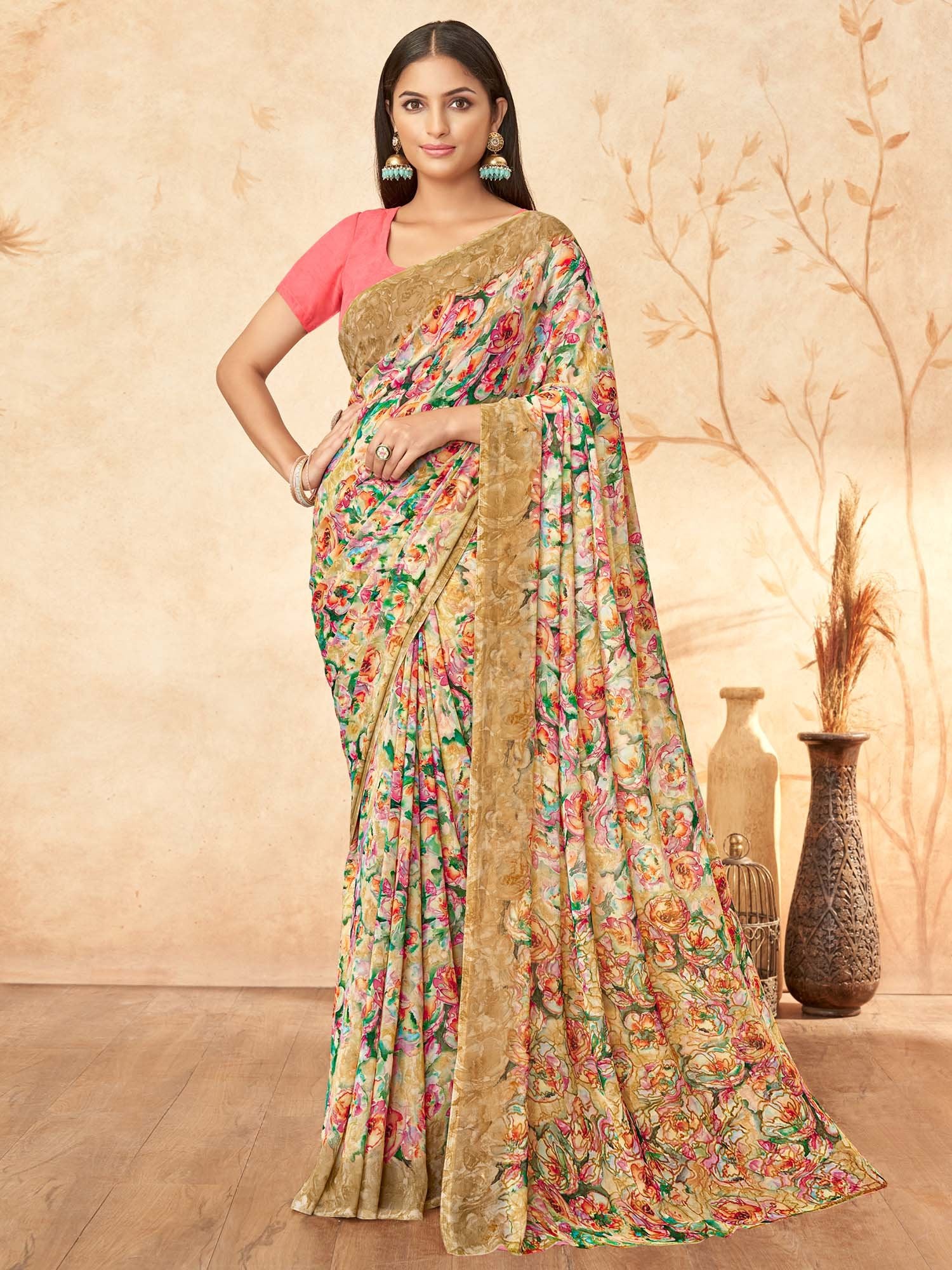 Cream Beige Sungudi Georgette Printed Saree