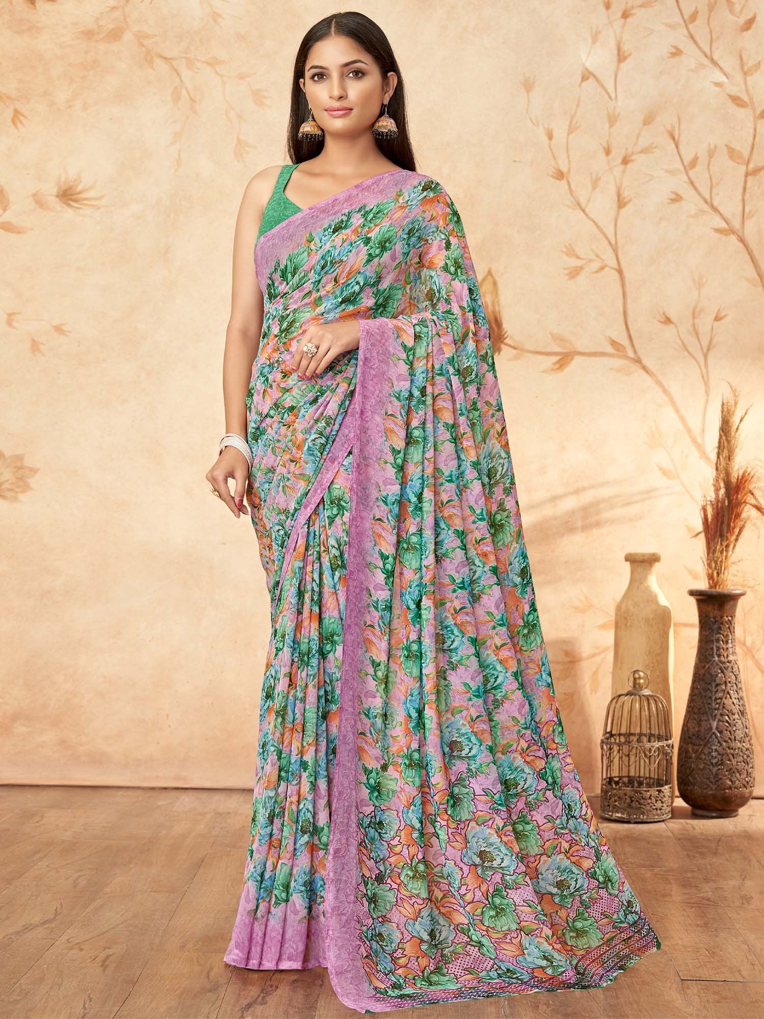 Green Green Sungudi Georgette Printed Saree