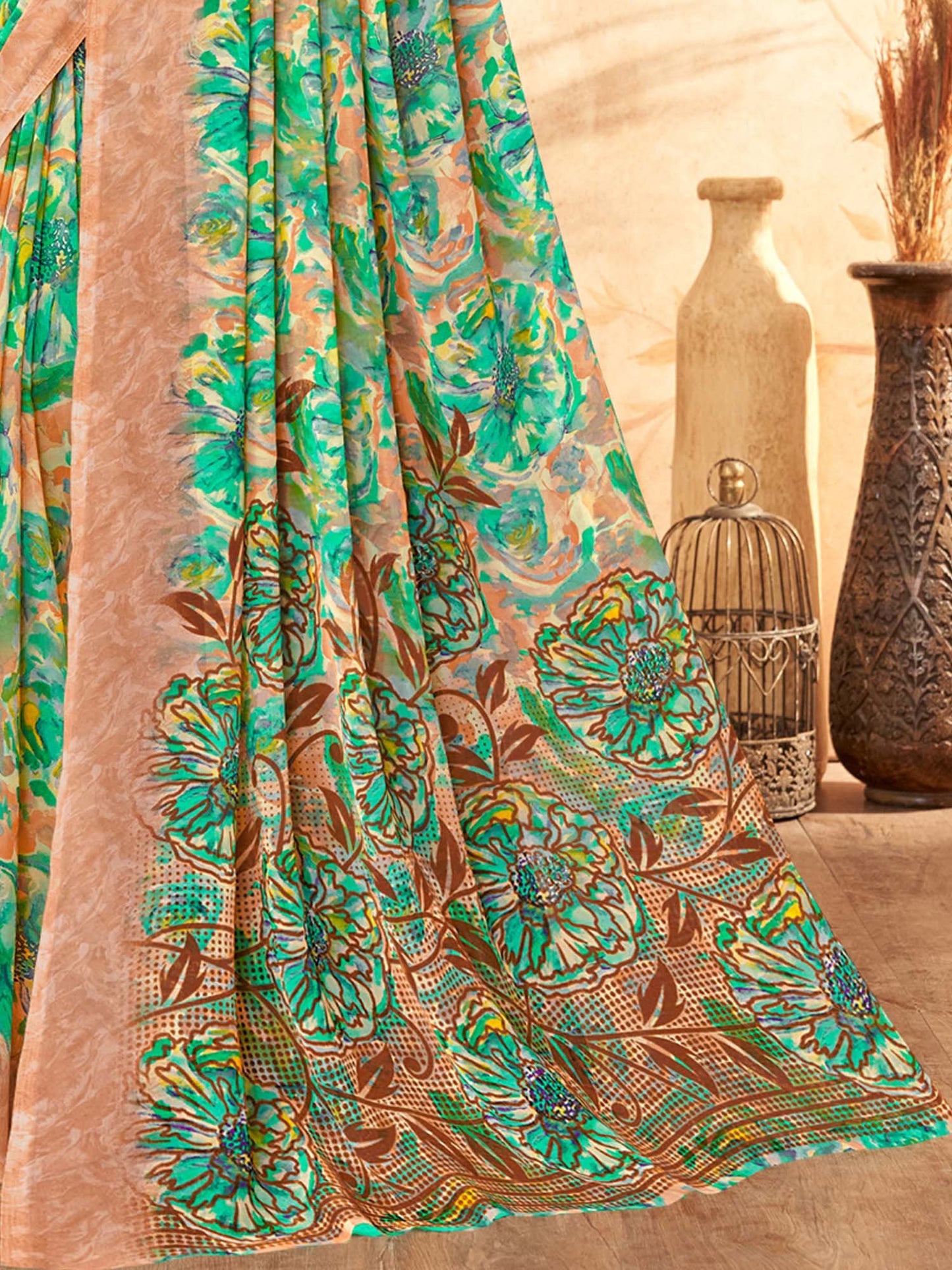 Green Sungudi Georgette Printed Saree