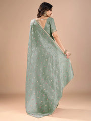 Sea Party Wear Organza Embroidered Saree - The Dori Store