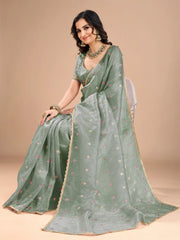 Sea Party Wear Organza Embroidered Saree - The Dori Store