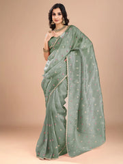 Sea Party Wear Organza Embroidered Saree - The Dori Store